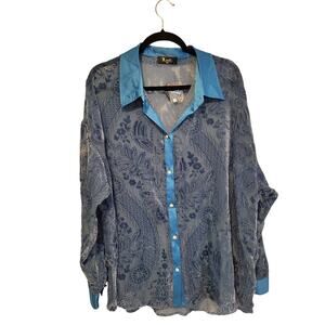 Y2K Meritt 1X Velvet Burnout Satin Button Up Blouse Paisley Blue Long Sleeve NWT
